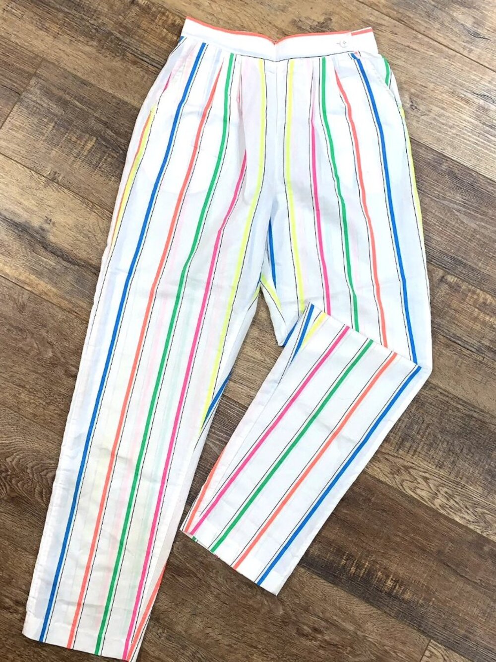 Vtg 80s CHEENOS Neon Stripe High Waist PLEATED PANTS Sz 27" Pockets Kawaii Fairy